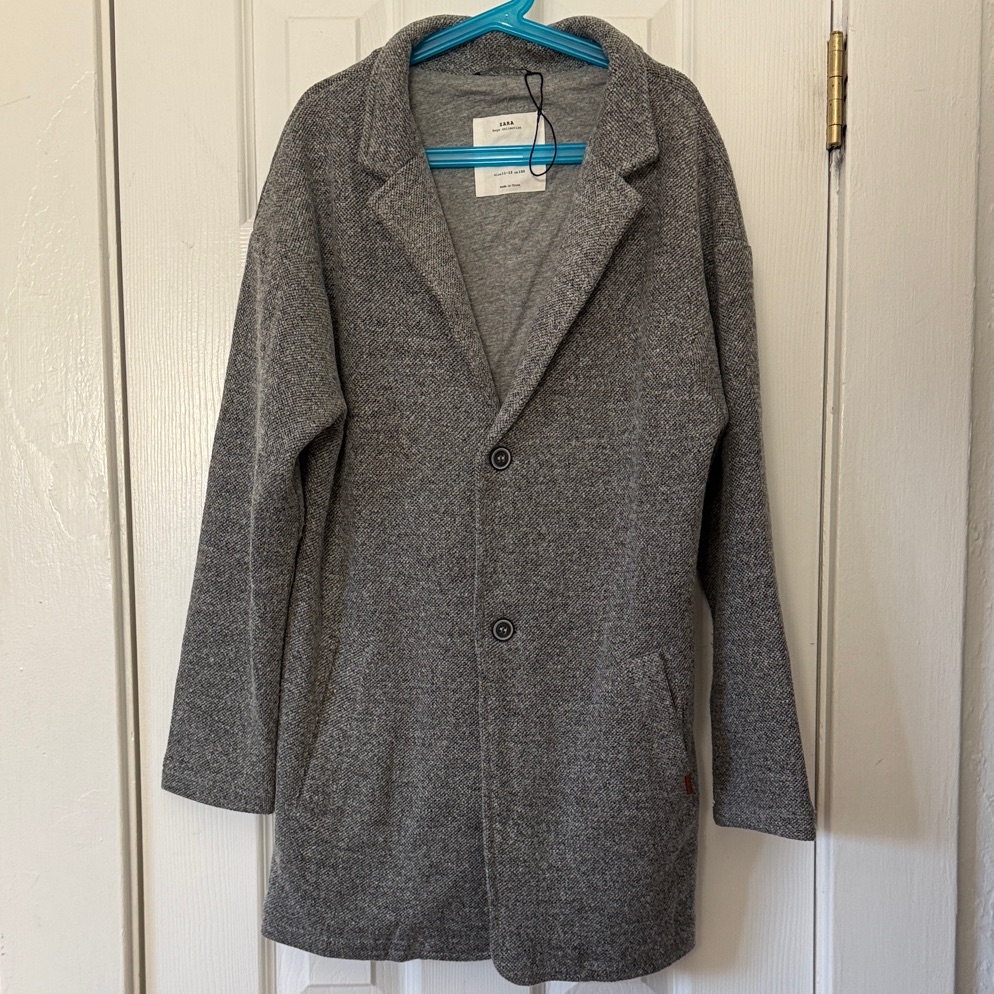 Zara Boys Heather Gray Cotton Knit Knee Length Long Over Coat 11/12 152cm